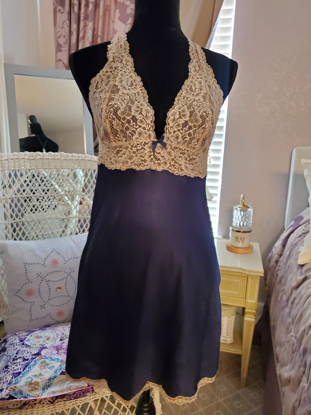 Victoria Secret Lace-Trim Satin Chemise Nightdress in Navy and Beige Size S